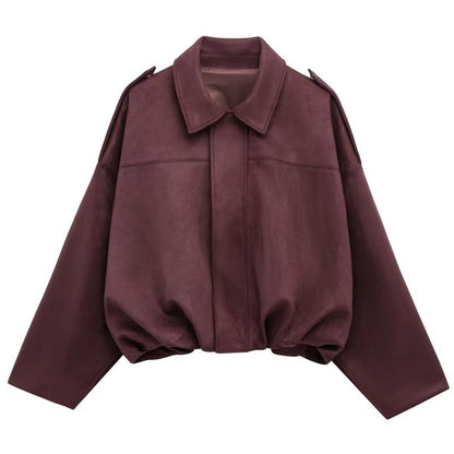 HXAO Womens Bomber Jacket Suede Cropped Jacket High Street Racing Style With Lapel And Zipper Long  5