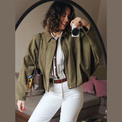 HXAO Womens Bomber Jacket Suede Cropped Jacket High Street Racing Style With Lapel And Zipper Long  6