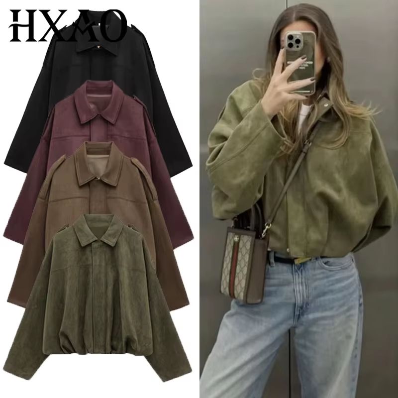 HXAO Womens Bomber Jacket Suede Cropped Jacket High Street Racing Style With Lapel And Zipper Long  7