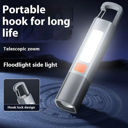 Portable USB Rechargeable Flashlight with Telescopic Focus and COB Side Lamp