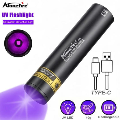Mini UV Flashlight 365nm Rechargeable Blacklight Torch for Pets, Currency, and Scorpion Detection
