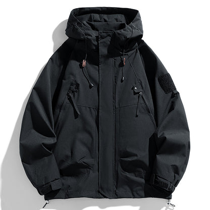Windbreakers Men Hooded Jacket, Zipper Coat Cargo, Waterproof Black Bomber, Camping Loose Thin Softshell Hiking Jacket