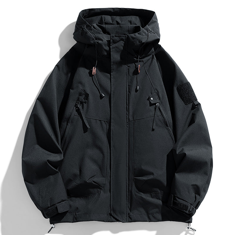Windbreakers Men Hooded Jacket, Zipper Coat Cargo, Waterproof Black Bomber, Camping Loose Thin Softshell Hiking Jacket
