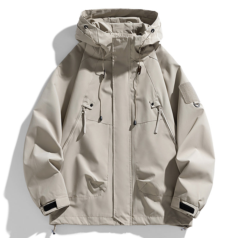 Windbreakers Men Hooded Jacket, Zipper Coat Cargo, Waterproof Black Bomber, Camping Loose Thin Softshell Hiking Jacket