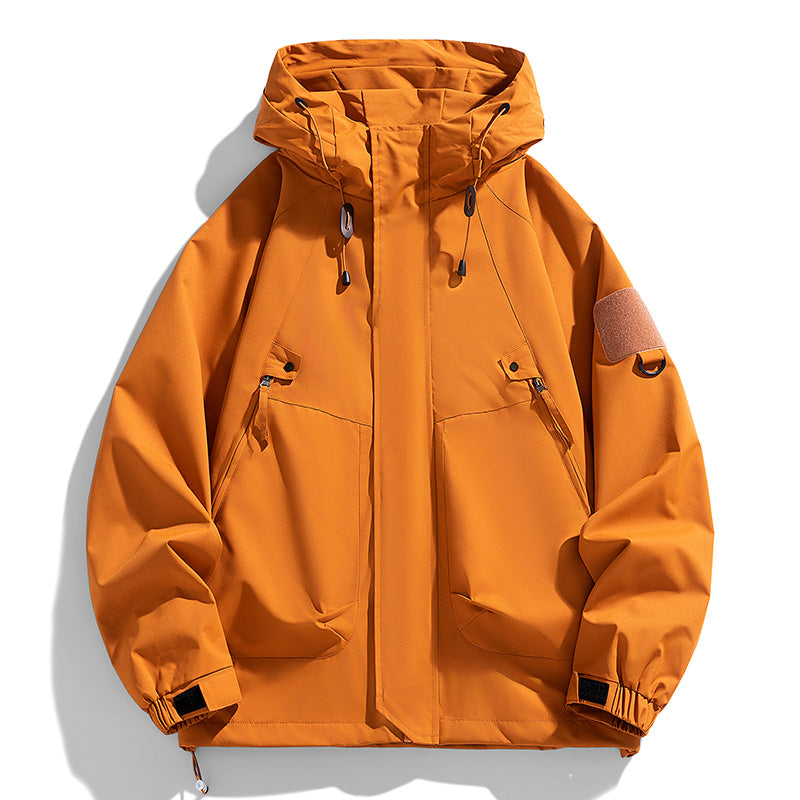 Windbreakers Men Hooded Jacket, Zipper Coat Cargo, Waterproof Black Bomber, Camping Loose Thin Softshell Hiking Jacket