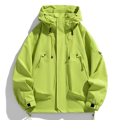 Windbreakers Men Hooded Jacket, Zipper Coat Cargo, Waterproof Black Bomber, Camping Loose Thin Softshell Hiking Jacket