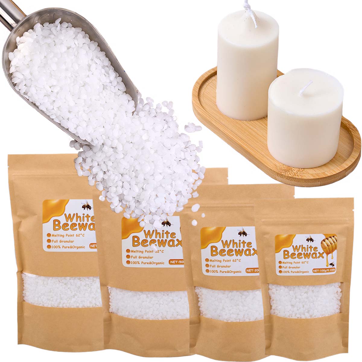 1LB Natural White Beeswax Granules, Pure Candle Making Supplies for DIY Scented Candles, Smokeless Wicks, Handmade Gift