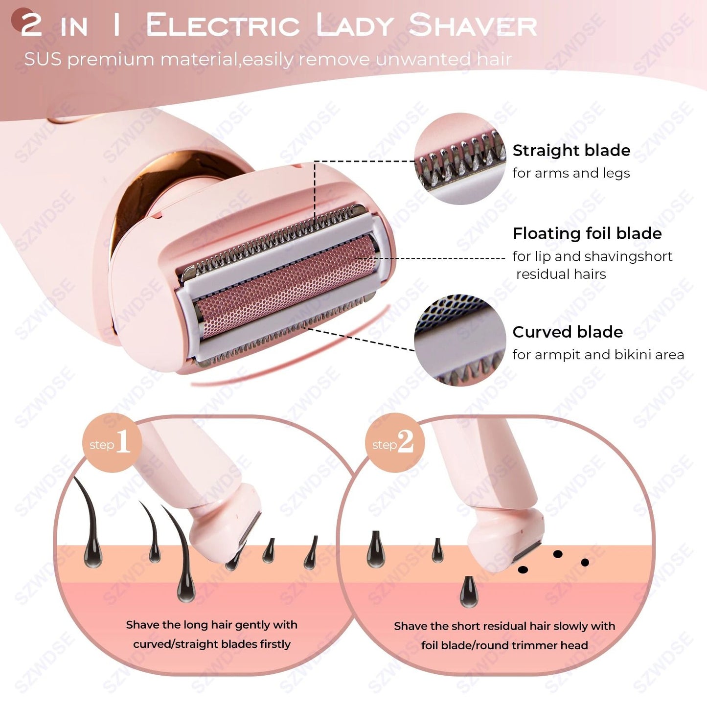Waterproof Painless Electric Shaver For Women With 2 In 1 Heads 3