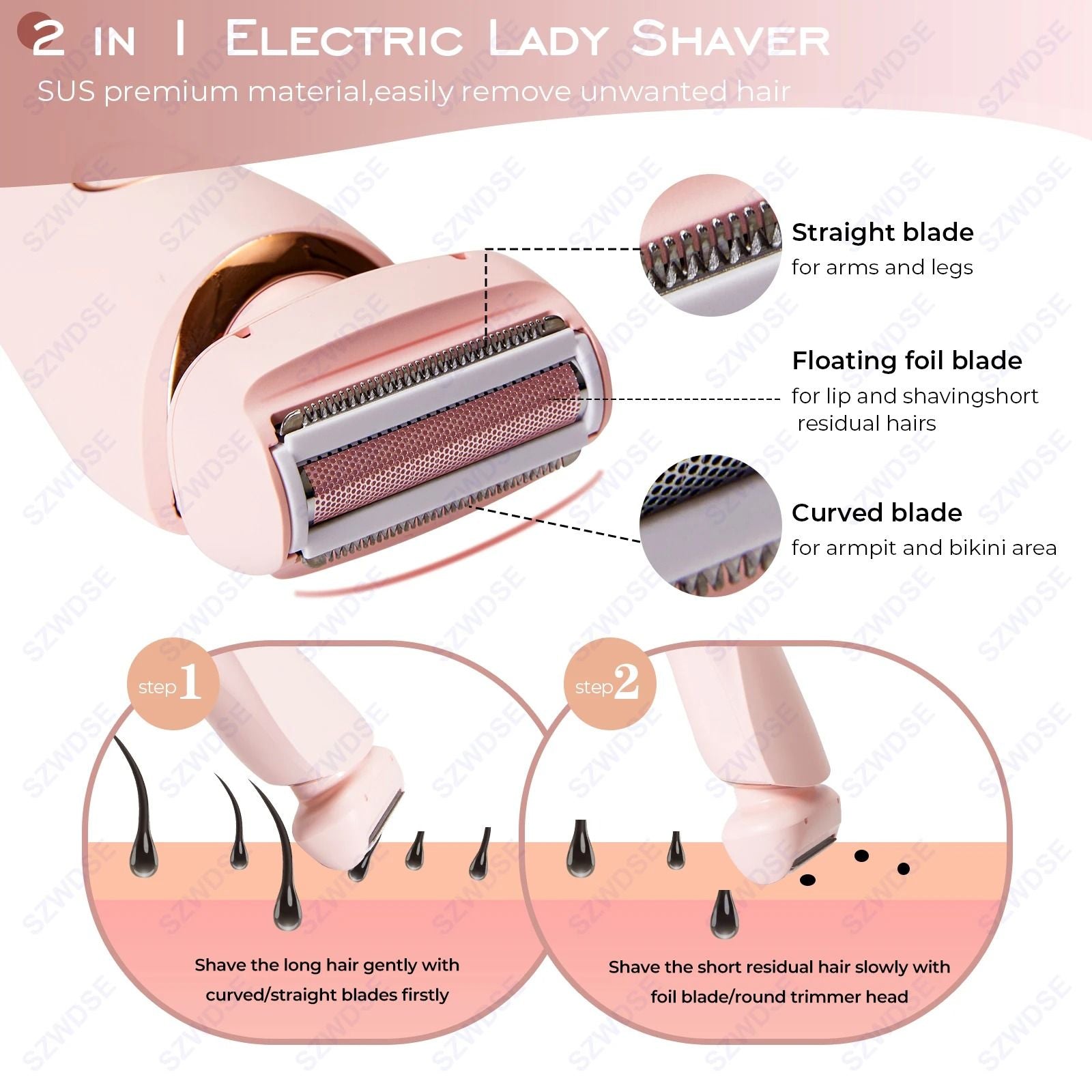 Waterproof Painless Electric Shaver For Women With 2 In 1 Heads 3