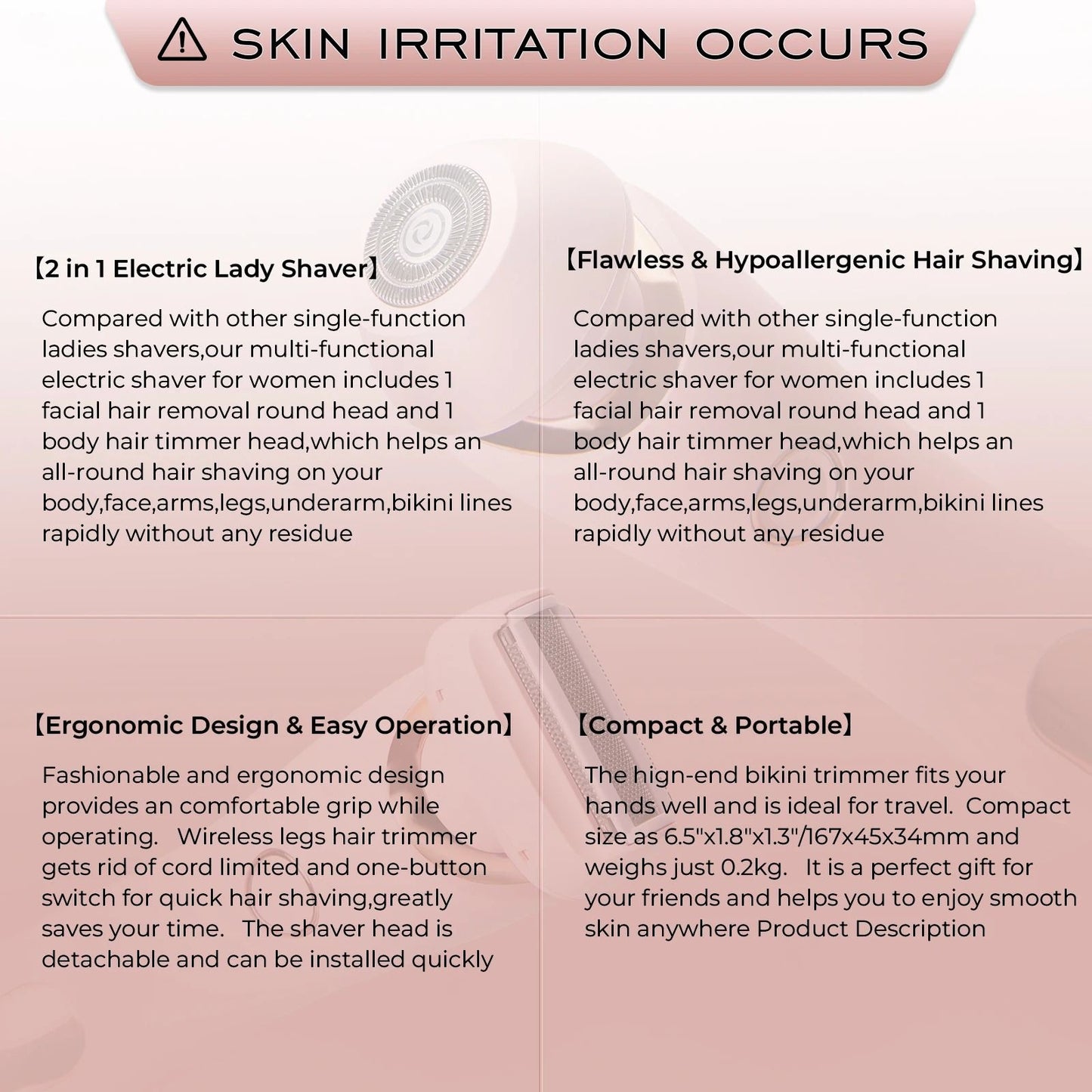 Waterproof Painless Electric Shaver For Women With 2 In 1 Heads 5