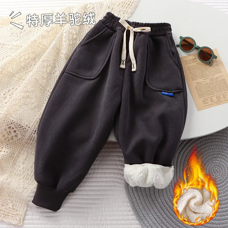 Winter Sweatpants for Boys & Girls, Thick Casual Pants, Loose Sports Trousers with Baby Pockets, Student Warm Kids Pants