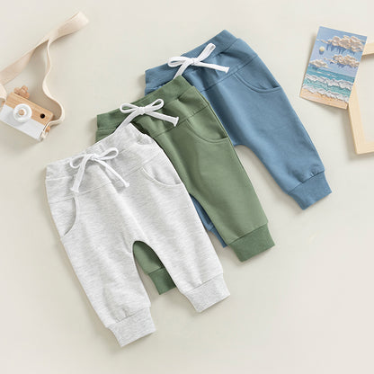 Baby Boys Jogger Trousers, Elastic Waist Sweatpants with Drawstring & Pockets, Solid Casual Pants for Spring