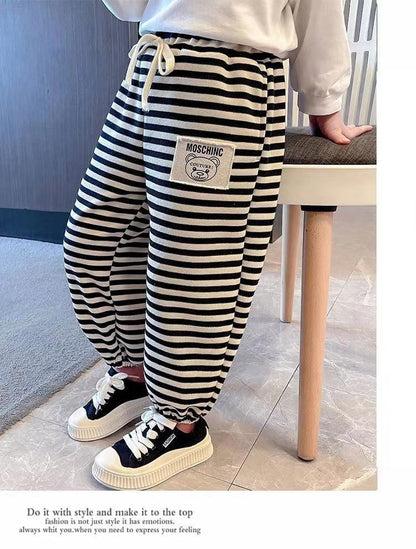 Kids Jogger Pants for Boys & Girls, Solid Color Striped Drawstring Sweatpants, Toddler Casual Fall Winter Thermal