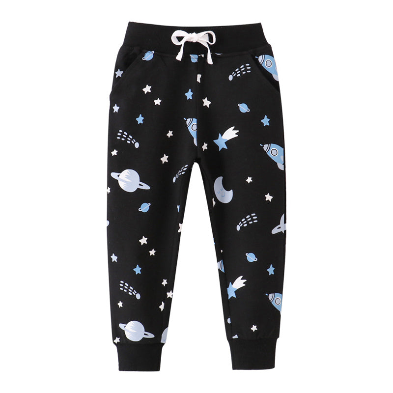 Space Print Jumping Meters Sweatpants for Boys Girls, Toddler Kids Drawstring Trousers, Baby Autumn Spring Full Length