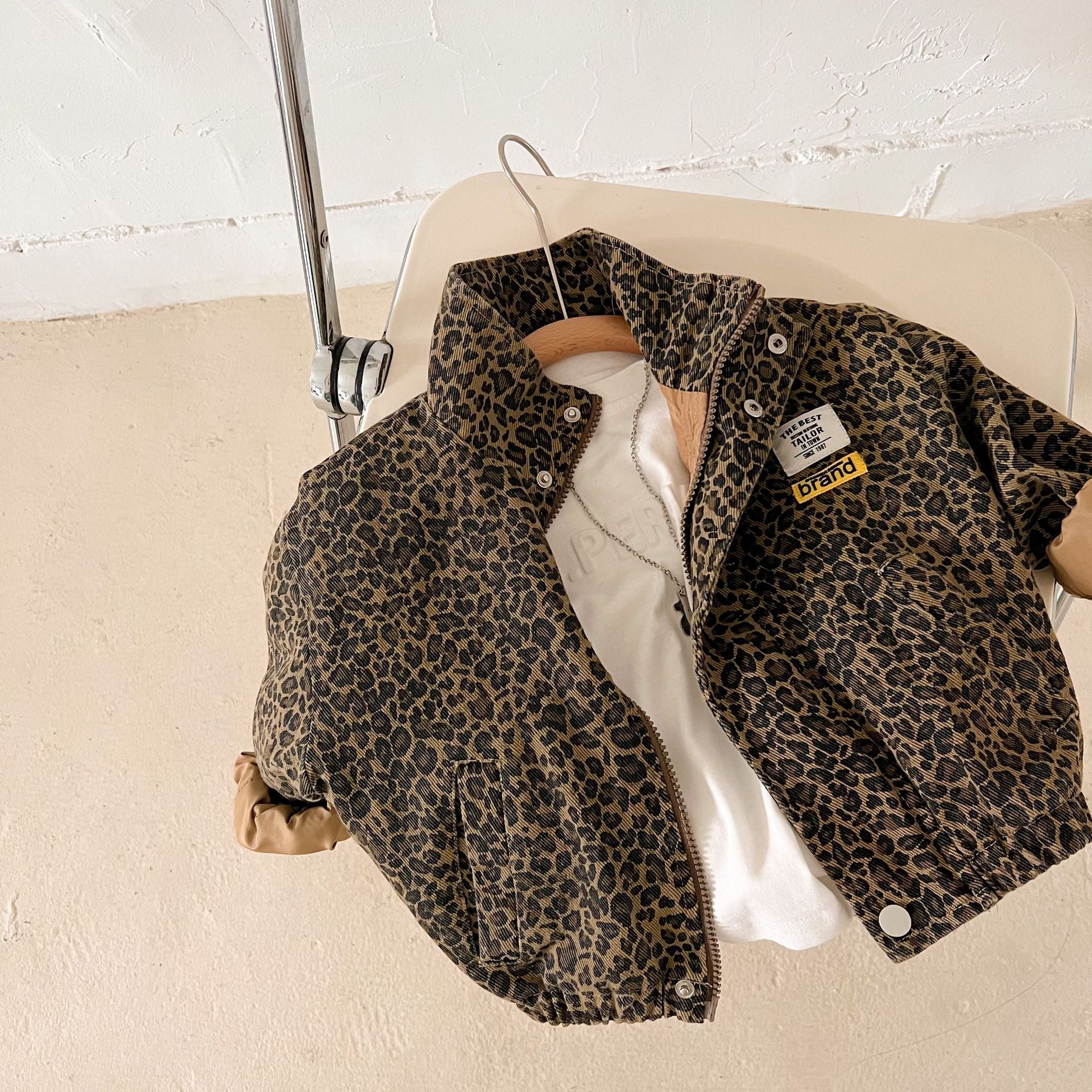 Kids Spring Autumn Casual Jacket, Boys Long-sleeved Korean Leopard Print Outerwear, Girls Short Denim Coat