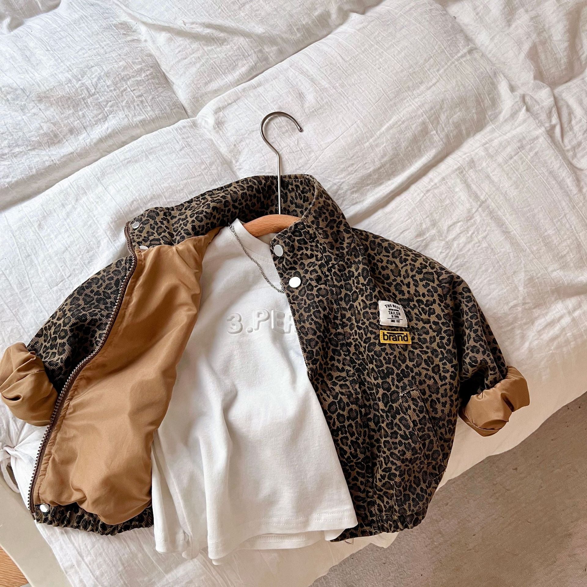 Kids Spring Autumn Casual Jacket, Boys Long-sleeved Korean Leopard Print Outerwear, Girls Short Denim Coat