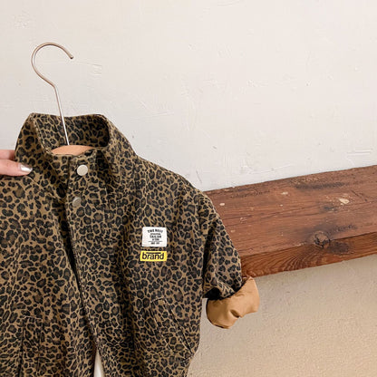 Kids Spring Autumn Casual Jacket, Boys Long-sleeved Korean Leopard Print Outerwear, Girls Short Denim Coat