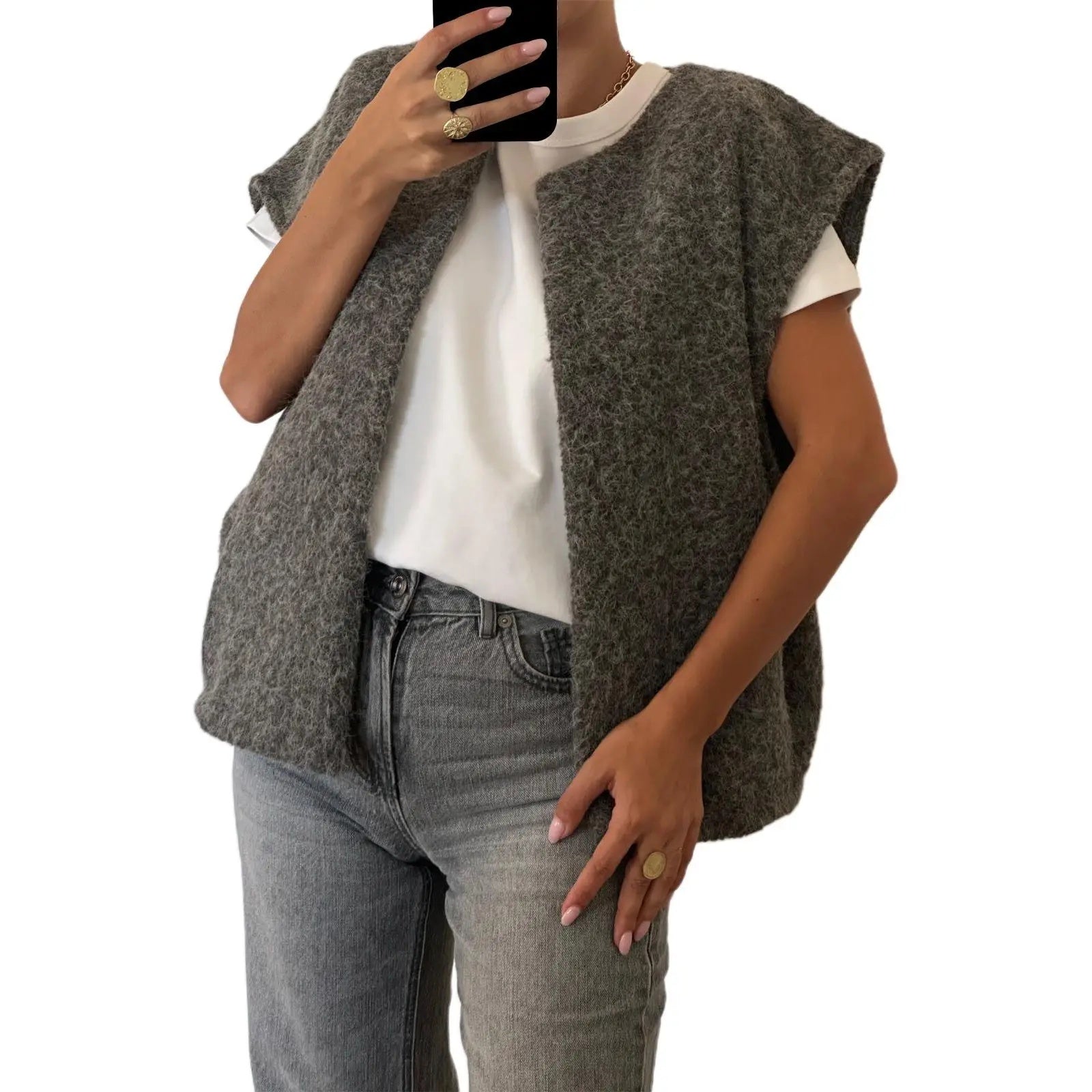 Elegant Women's Wool Vest, Korean Dongdaemun Double Sided Design, Hand Sewn V Neck Vest, Fashionable Outerwear Jacket
