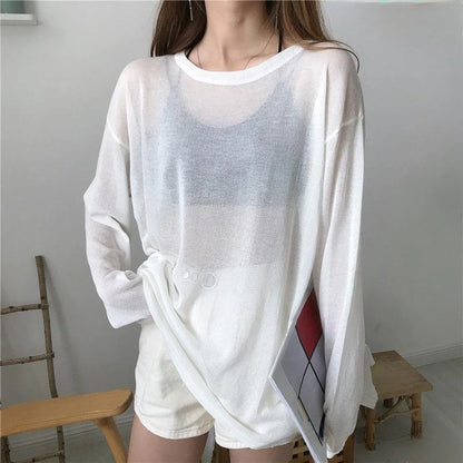 Women's Sheer T-shirt, Korean Loose Fit Long Sleeve Top, Sun Proof Breathable Shirt for Summer, Ulzzang Leisure Style