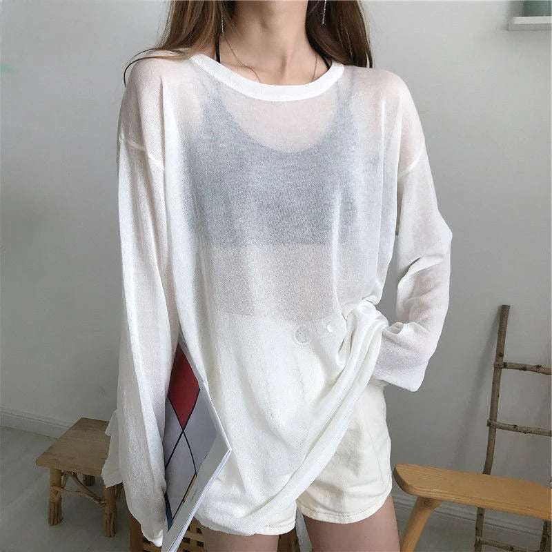 Womens Sheer Tshirt Korean Loose Fit Long Sleeve Top Sun Proof Breathable Shirt For Summer Ulzzang  2