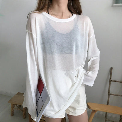 Womens Sheer Tshirt Korean Loose Fit Long Sleeve Top Sun Proof Breathable Shirt For Summer Ulzzang  2