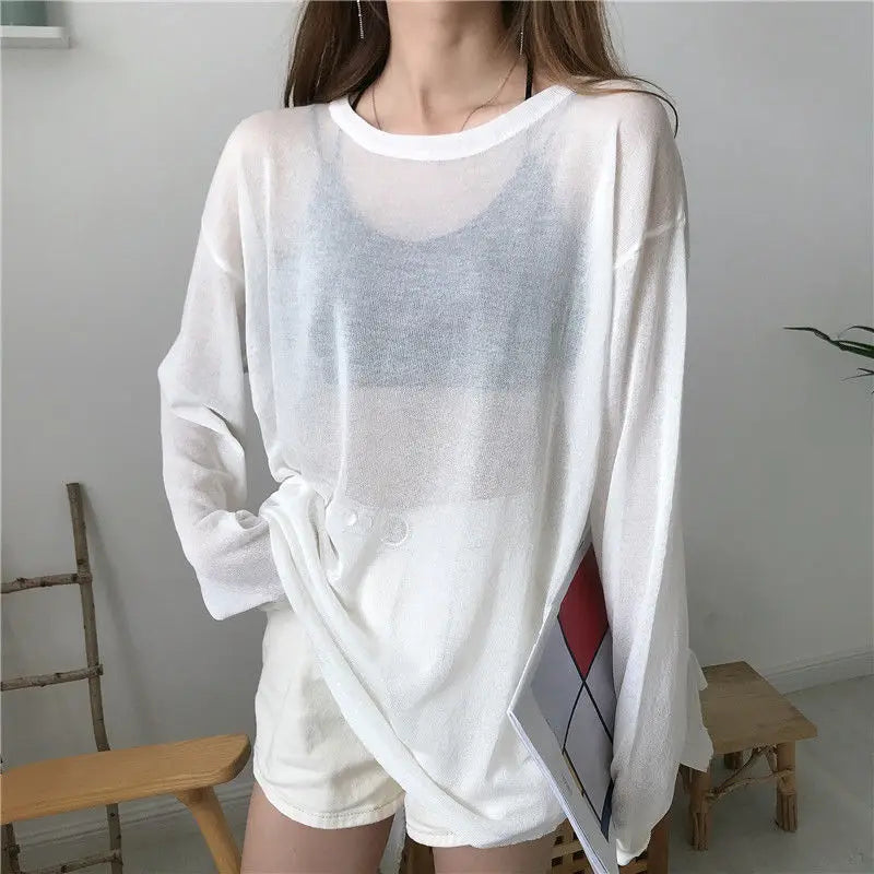 Womens Sheer Tshirt Korean Loose Fit Long Sleeve Top Sun Proof Breathable Shirt For Summer Ulzzang  4
