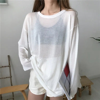 Womens Sheer Tshirt Korean Loose Fit Long Sleeve Top Sun Proof Breathable Shirt For Summer Ulzzang  4