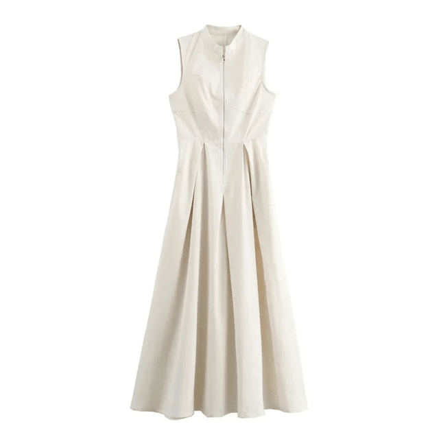 Sleeveless Bodycon Midi Dress With Zipper And Pleated Design For Women 1