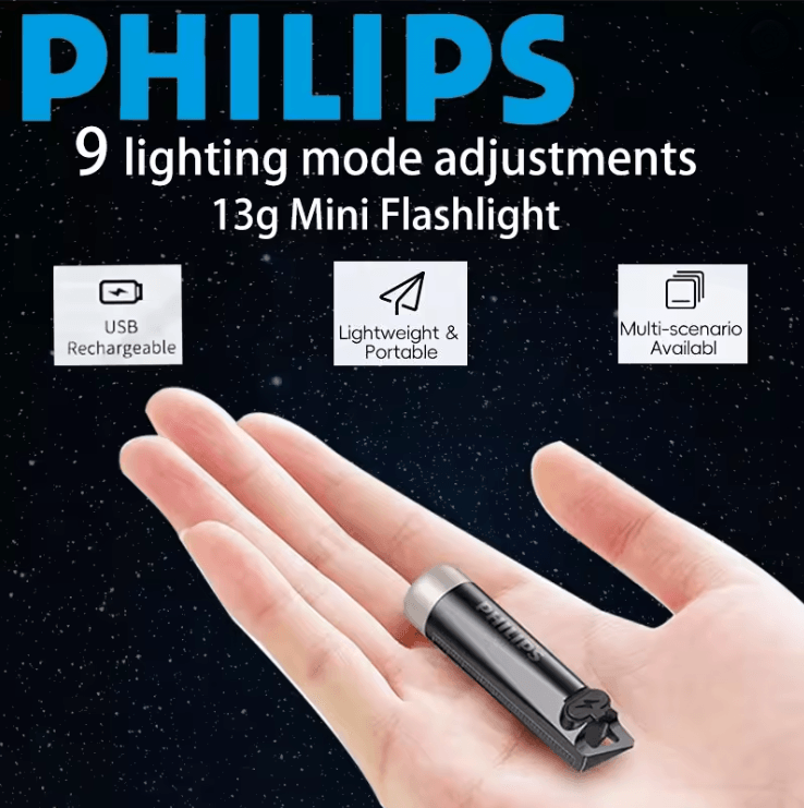 Philips Rechargeable Mini EDC Flashlight with Keychain for Camping and Hiking