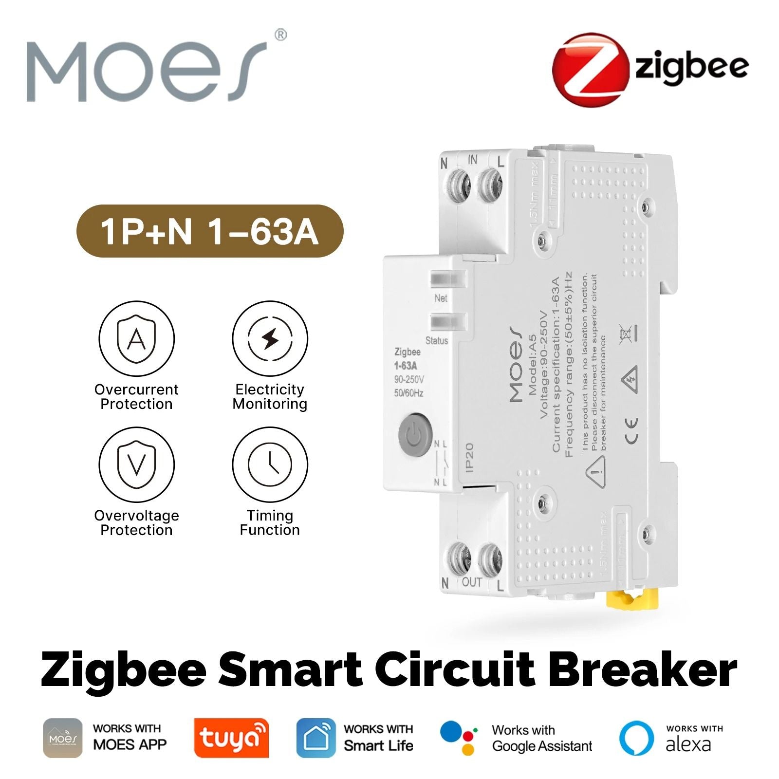 Moes Tuya Zigbee Smart Circuit Breaker 63A Fireproof Electricity Monitor