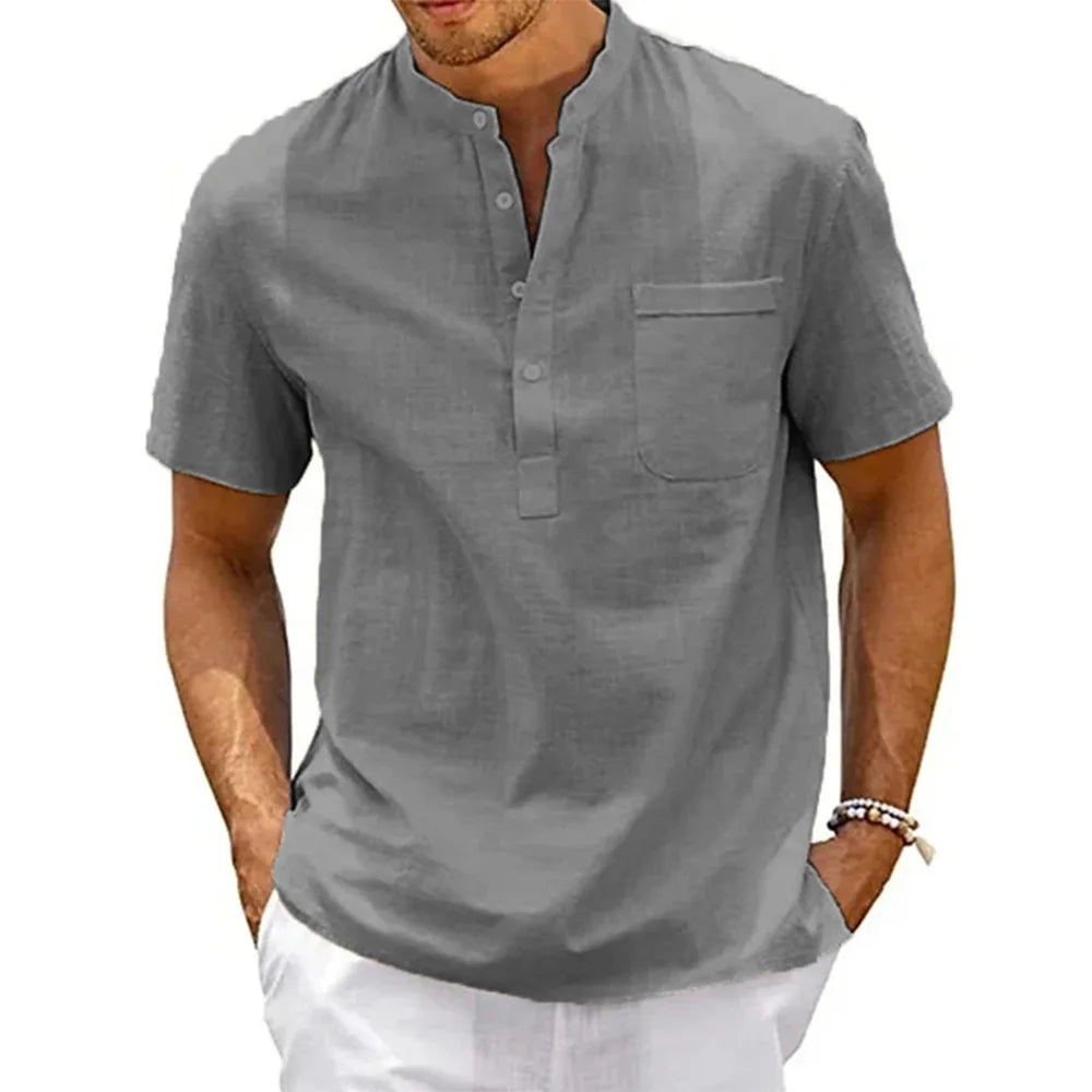 Mens Cotton Linen Shirt Henley Neck Pocket Casual Short Sleeve Solid Color Summer Tops TShirts Vint 1