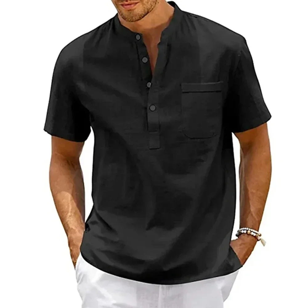 Mens Cotton Linen Shirt Henley Neck Pocket Casual Short Sleeve Solid Color Summer Tops T-Shirts Vintage Beachwear