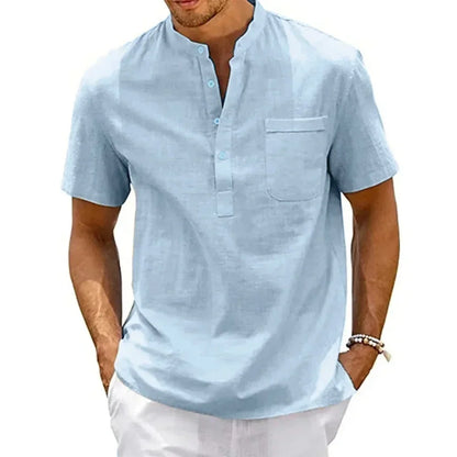 Mens Cotton Linen Shirt Henley Neck Pocket Casual Short Sleeve Solid Color Summer Tops TShirts Vint 3