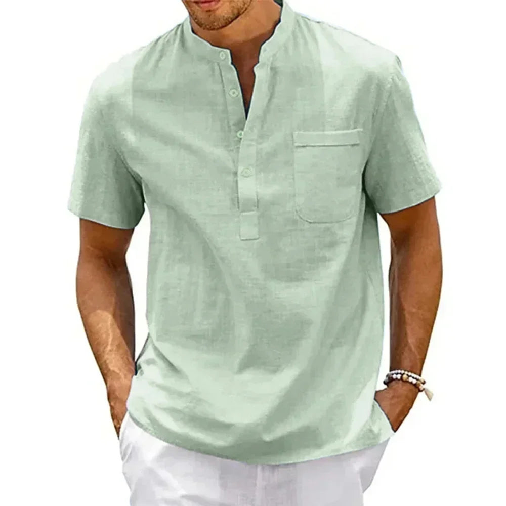Mens Cotton Linen Shirt Henley Neck Pocket Casual Short Sleeve Solid Color Summer Tops TShirts Vint 4