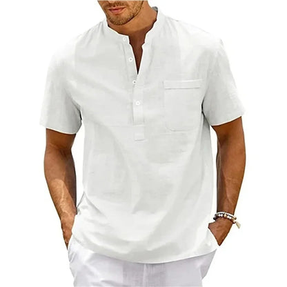 Mens Cotton Linen Shirt Henley Neck Pocket Casual Short Sleeve Solid Color Summer Tops TShirts Vint 5