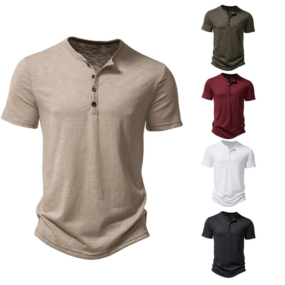 Summer Men Casual Henley Collar Solid Color Short Sleeve T Shirt for Men Polo Style High Quality Mens T Shirts