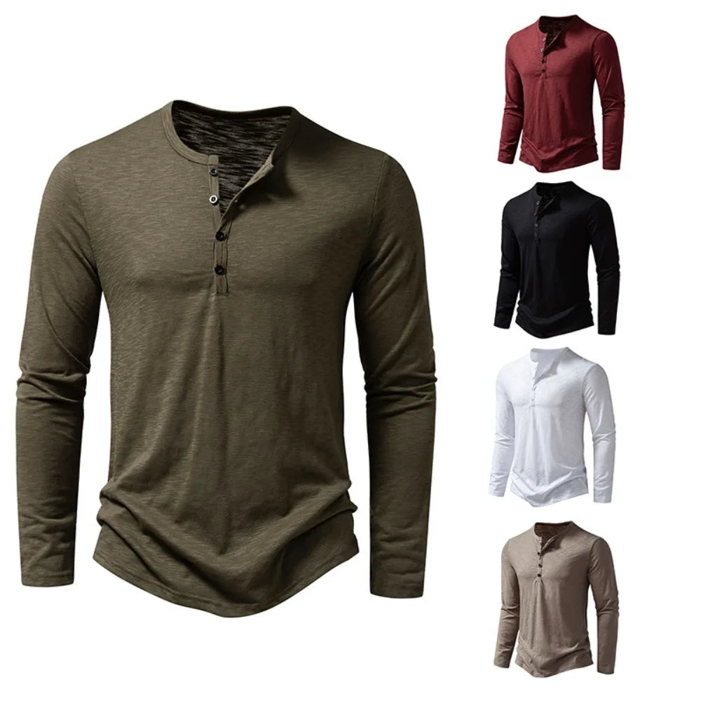 Mens Autumn Cotton Button Long Sleeve Henley Neck T-Shirt, Casual Solid Color Breathable Slim Fashion Versatile