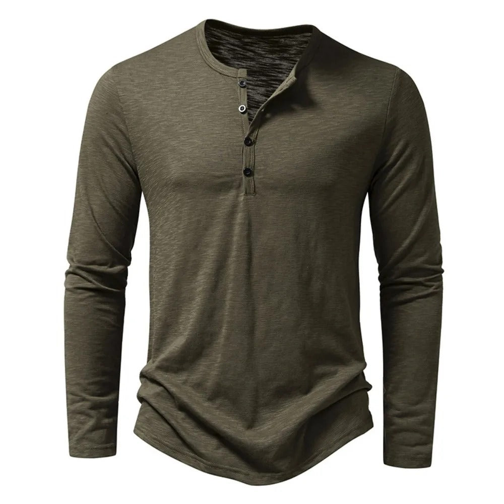 Mens Autumn Cotton Button Long Sleeve Henley Neck TShirt Casual Solid Color Breathable Slim Fashion 2