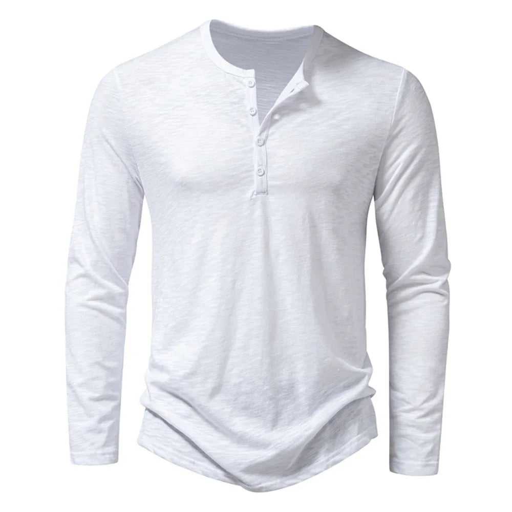 Mens Autumn Cotton Button Long Sleeve Henley Neck TShirt Casual Solid Color Breathable Slim Fashion 3