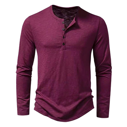 Mens Autumn Cotton Button Long Sleeve Henley Neck TShirt Casual Solid Color Breathable Slim Fashion 4