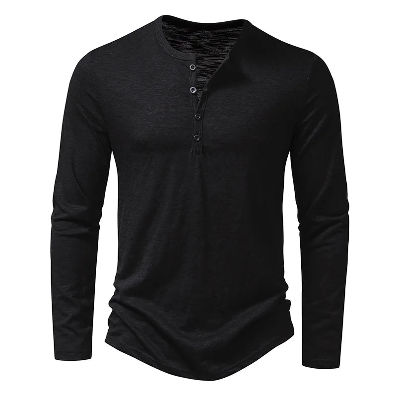 Mens Autumn Cotton Button Long Sleeve Henley Neck TShirt Casual Solid Color Breathable Slim Fashion 7