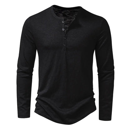 Mens Autumn Cotton Button Long Sleeve Henley Neck TShirt Casual Solid Color Breathable Slim Fashion 7