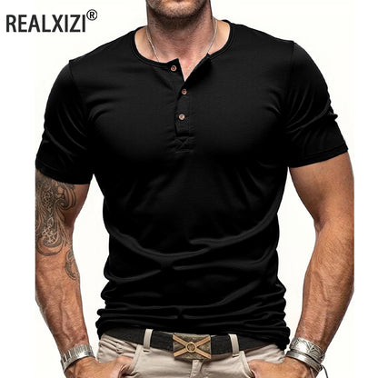 Solid Color Mens Short Sleeve Henley Neck T-shirt, Slim Fit Male Tops, Button Neck Casual Cozy Tshirt Streetwear