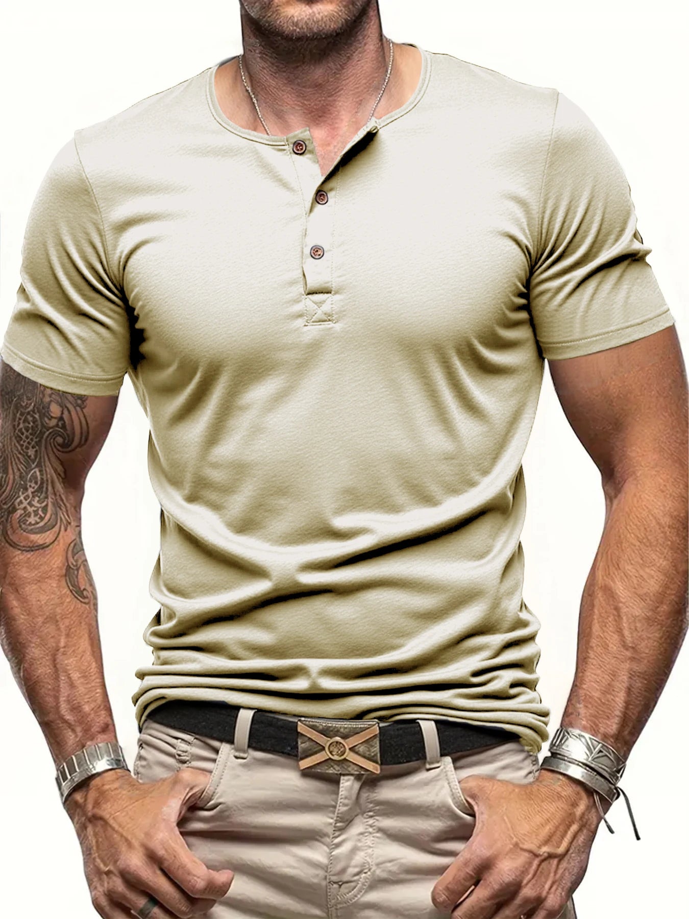 Solid Color Mens Short Sleeve Henley Neck T-shirt, Slim Fit Male Tops, Button Neck Casual Cozy Tshirt Streetwear