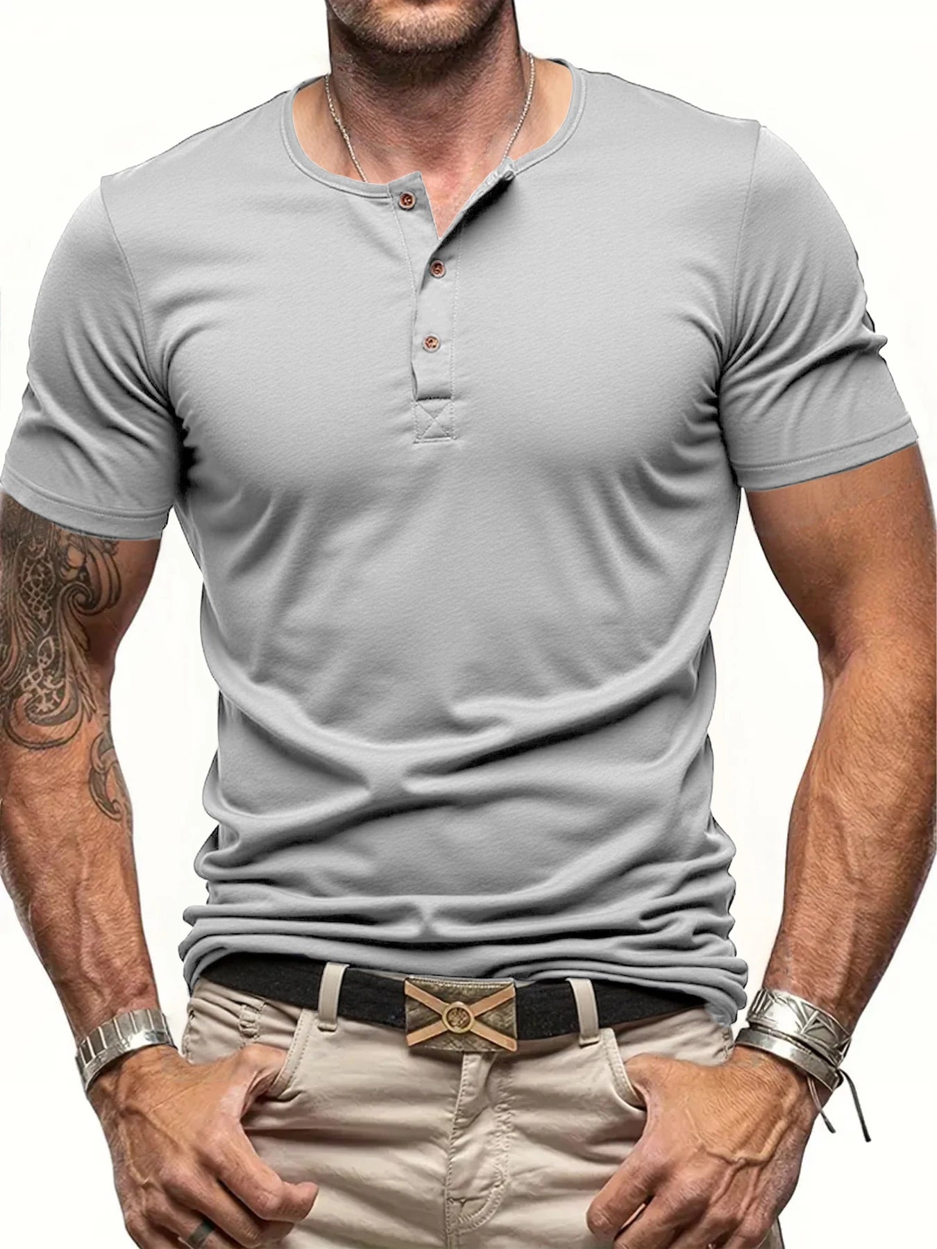Solid Color Mens Short Sleeve Henley Neck T-shirt, Slim Fit Male Tops, Button Neck Casual Cozy Tshirt Streetwear