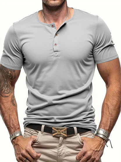 Solid Color Mens Short Sleeve Henley Neck T-shirt, Slim Fit Male Tops, Button Neck Casual Cozy Tshirt Streetwear