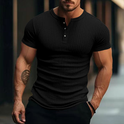 Stripe Knit Mens Stylish Tshirt Henley Neck Fashion Short Sleeve Soft Breathable Casual Top Comfort 7