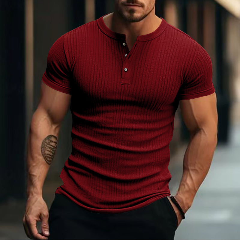Stripe Knit Mens Stylish Tshirt Henley Neck Fashion Short Sleeve Soft Breathable Casual Top Comfort 1