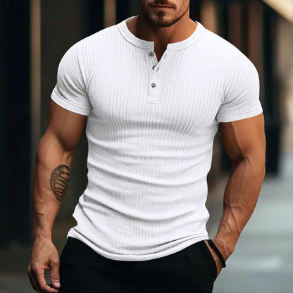 Stripe Knit Mens Stylish T-shirt, Henley Neck Fashion Short Sleeve, Soft Breathable Casual Top, Comfortable Knit Shirt