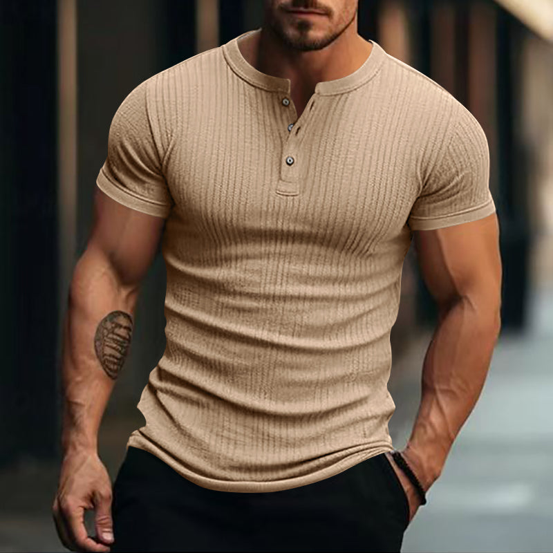 Stripe Knit Mens Stylish Tshirt Henley Neck Fashion Short Sleeve Soft Breathable Casual Top Comfort 8